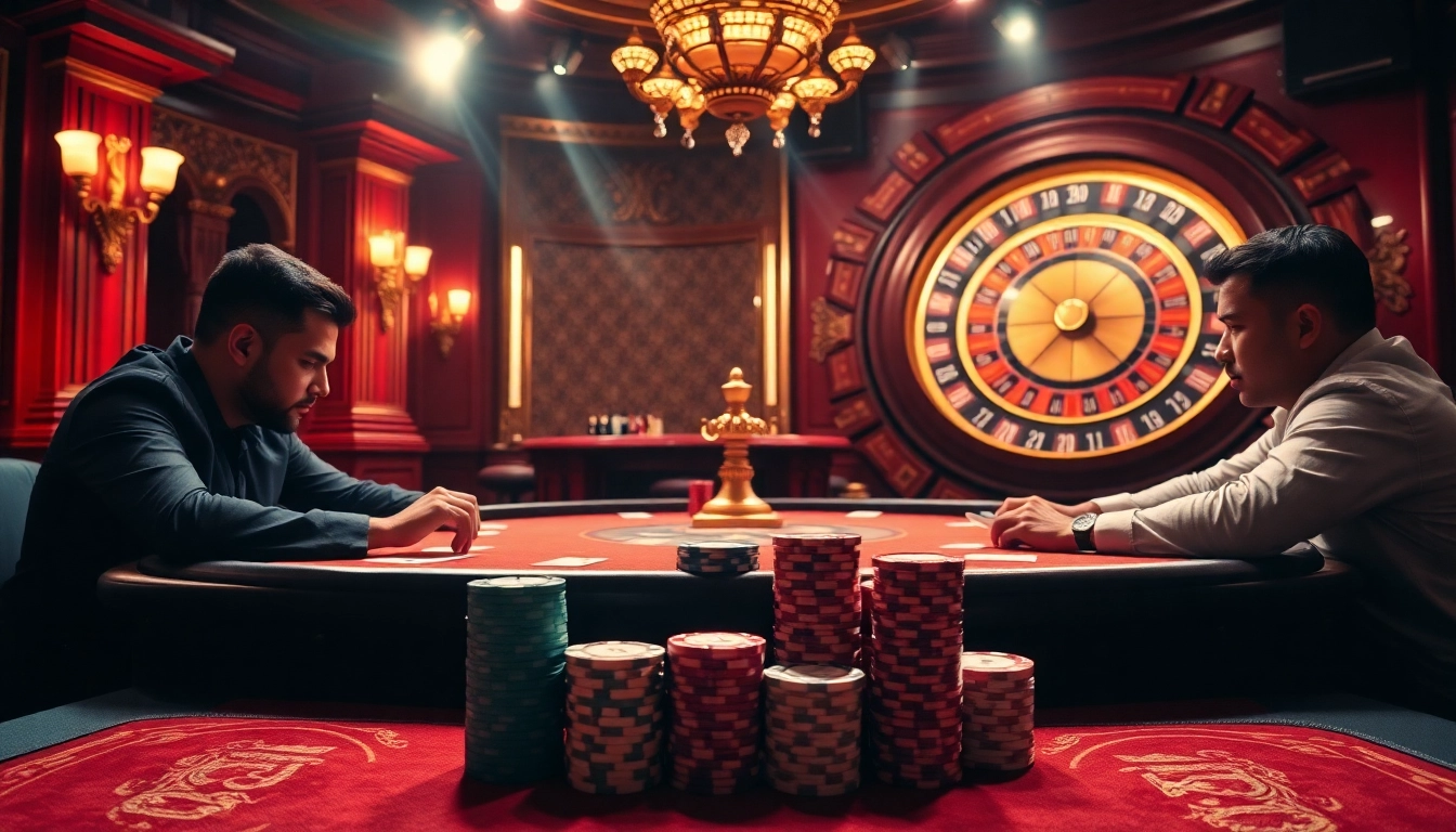 KJC casino players strategizing at a high-stakes poker table with colorful chips.