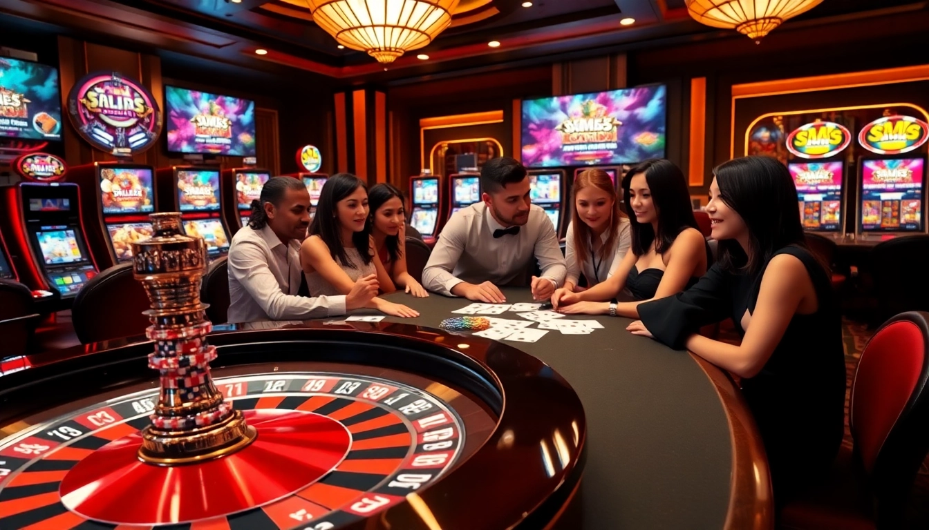 Experience excitement at https://mm88.how/ with a vibrant casino scene featuring roulette and poker tables.