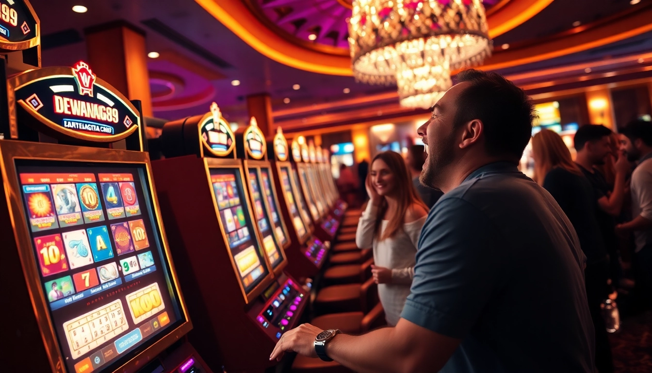 Memainkan mesin slot dewanaga89 dengan antusias dan lampu kasino yang berwarna-warni.