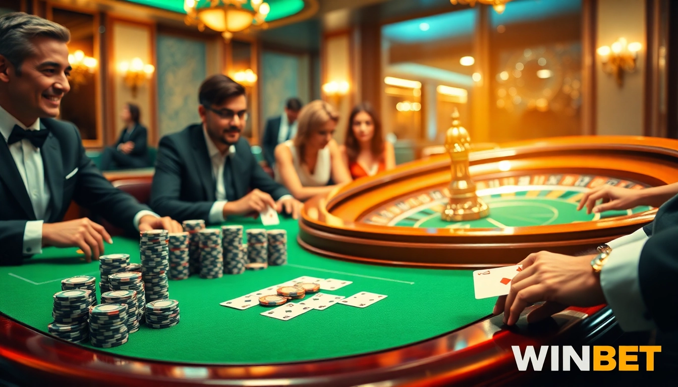 WINBET casino scene showcasing poker players and high-quality gaming elements, radiating excitement.