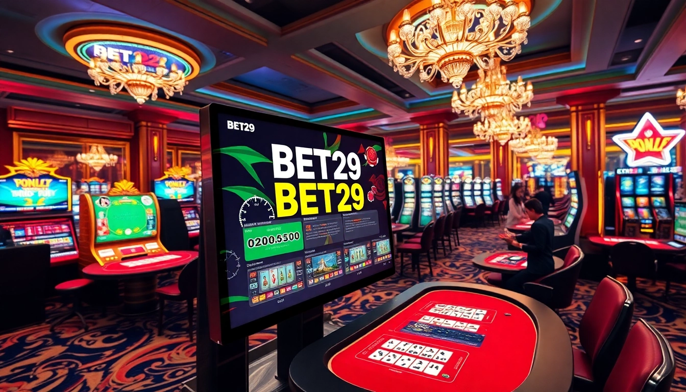 Experience the excitement of BET29 with players engaging at a digital casino featuring vibrant games and elegant setups.