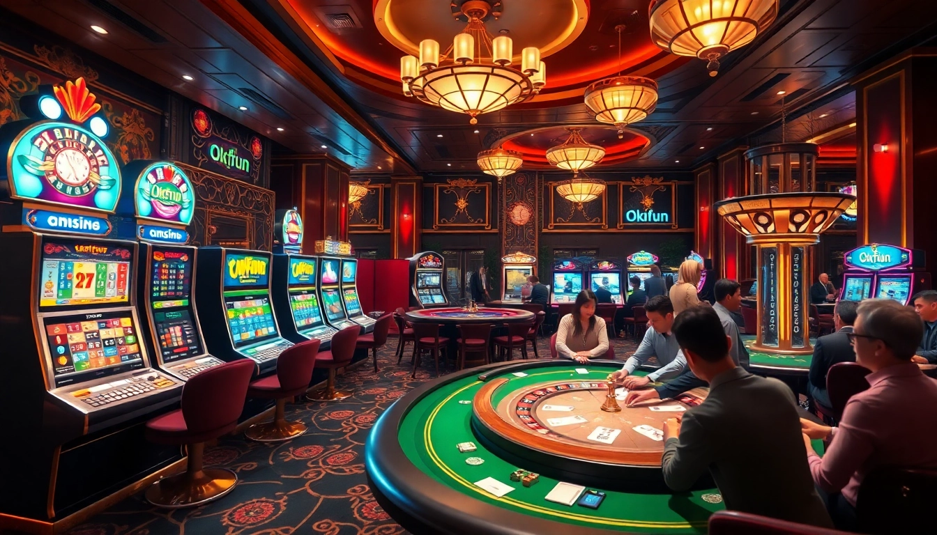 Experience thrilling gameplay at Okfun casino with vibrant slot machines and engaged poker players.
