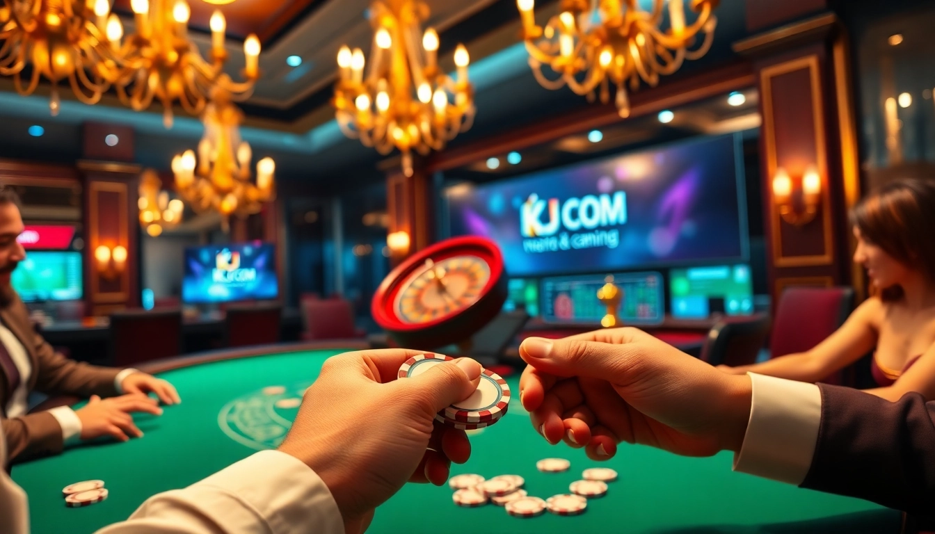 Engaging gamblers at KJC COM's luxurious casino, showcasing poker gameplay and excitement.