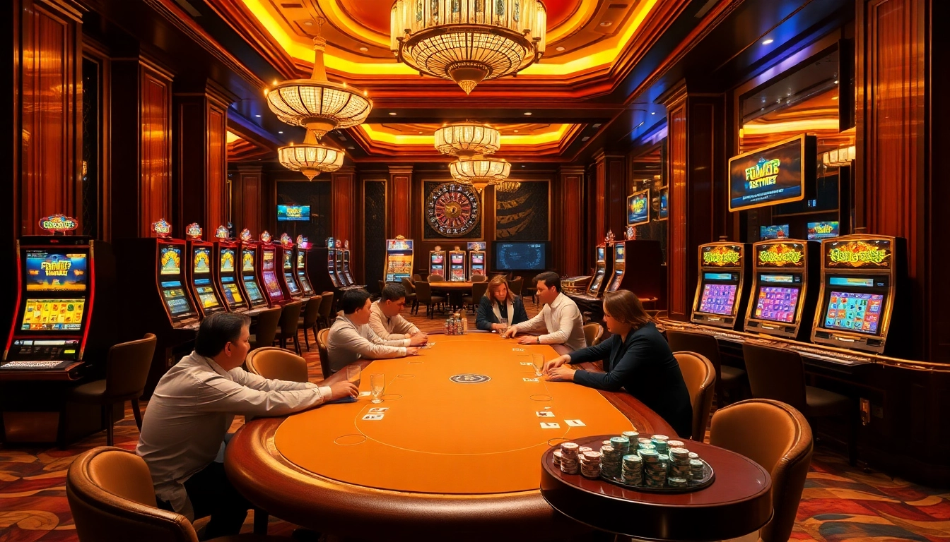 Exciting poker game scene at a luxury casino featuring 669bet branding and vibrant slot machines.