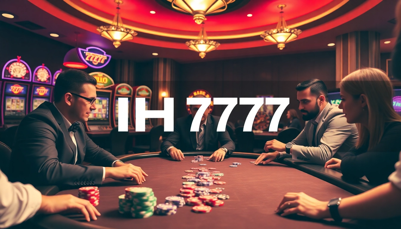 Exciting casino scene with poker players, highlighting IH777 on a banner amidst vibrant gambling action.