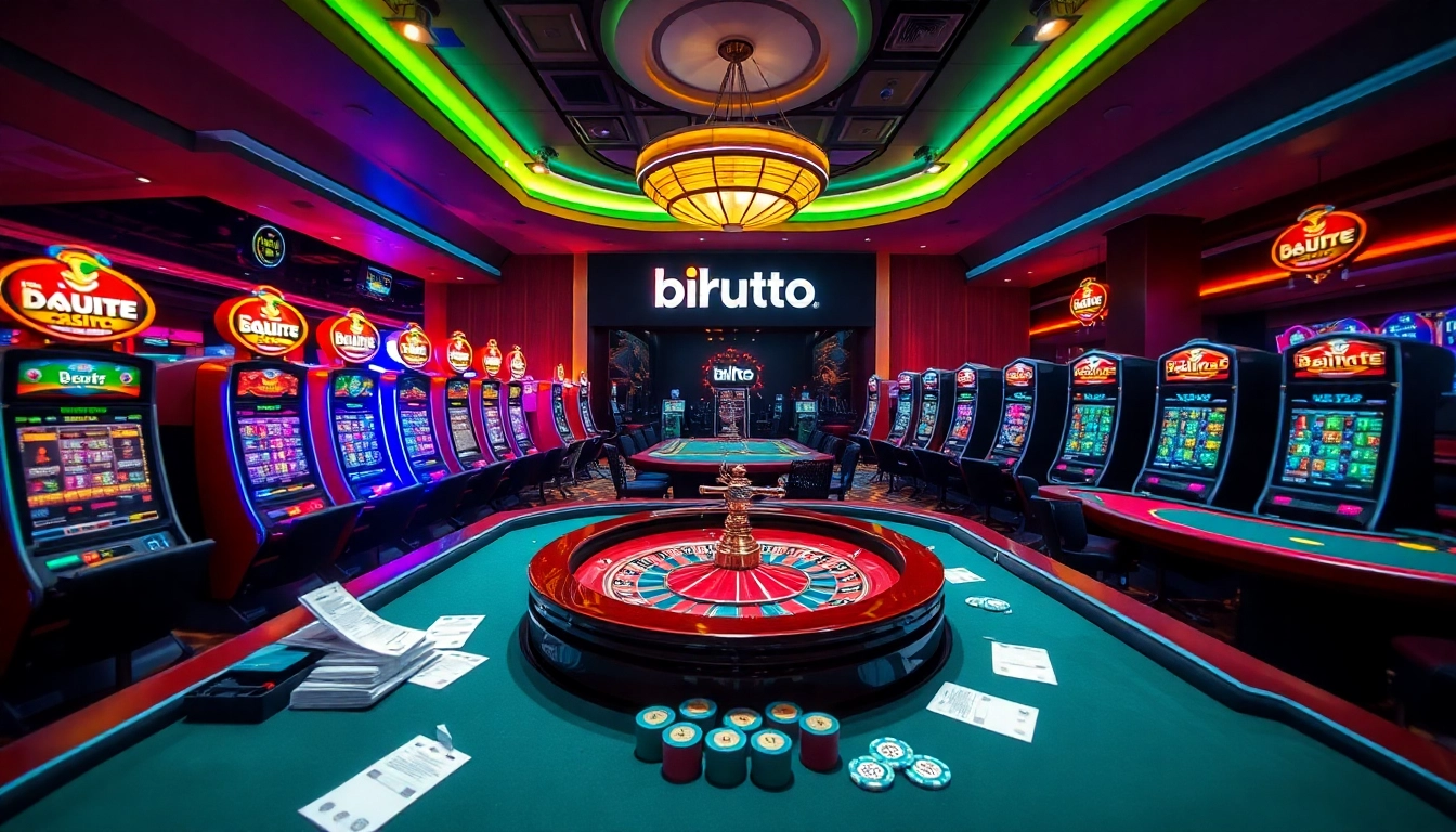 Engage in the thrill of birutoto with vibrant casino tables, slot machines, and betting slips.