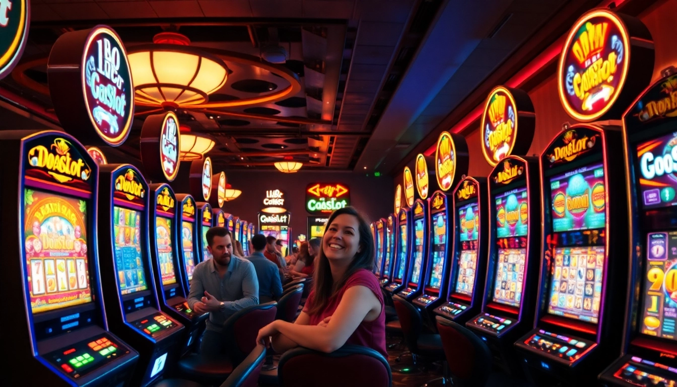 Exciting players enjoying the doaslot slot machines in a vibrant casino setting.