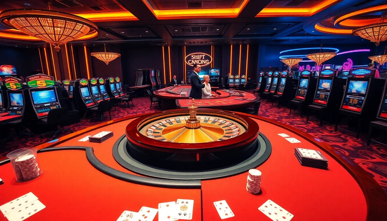 Experience gaming excitement at go8.com with a luxurious casino atmosphere, featuring roulette and card tables.