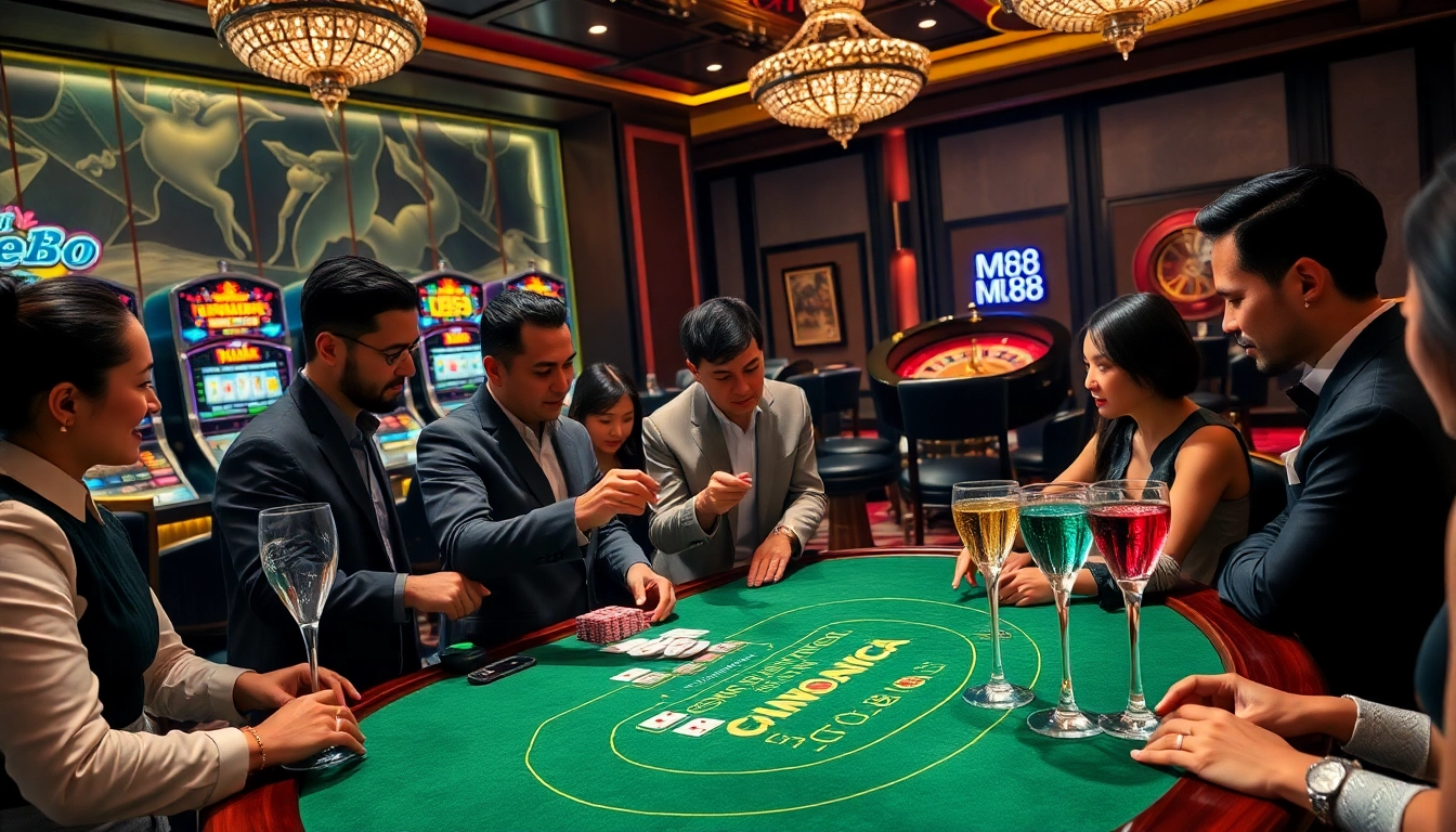 MM88 gamblers enjoying an exciting game at a stylish casino table with vibrant decor.