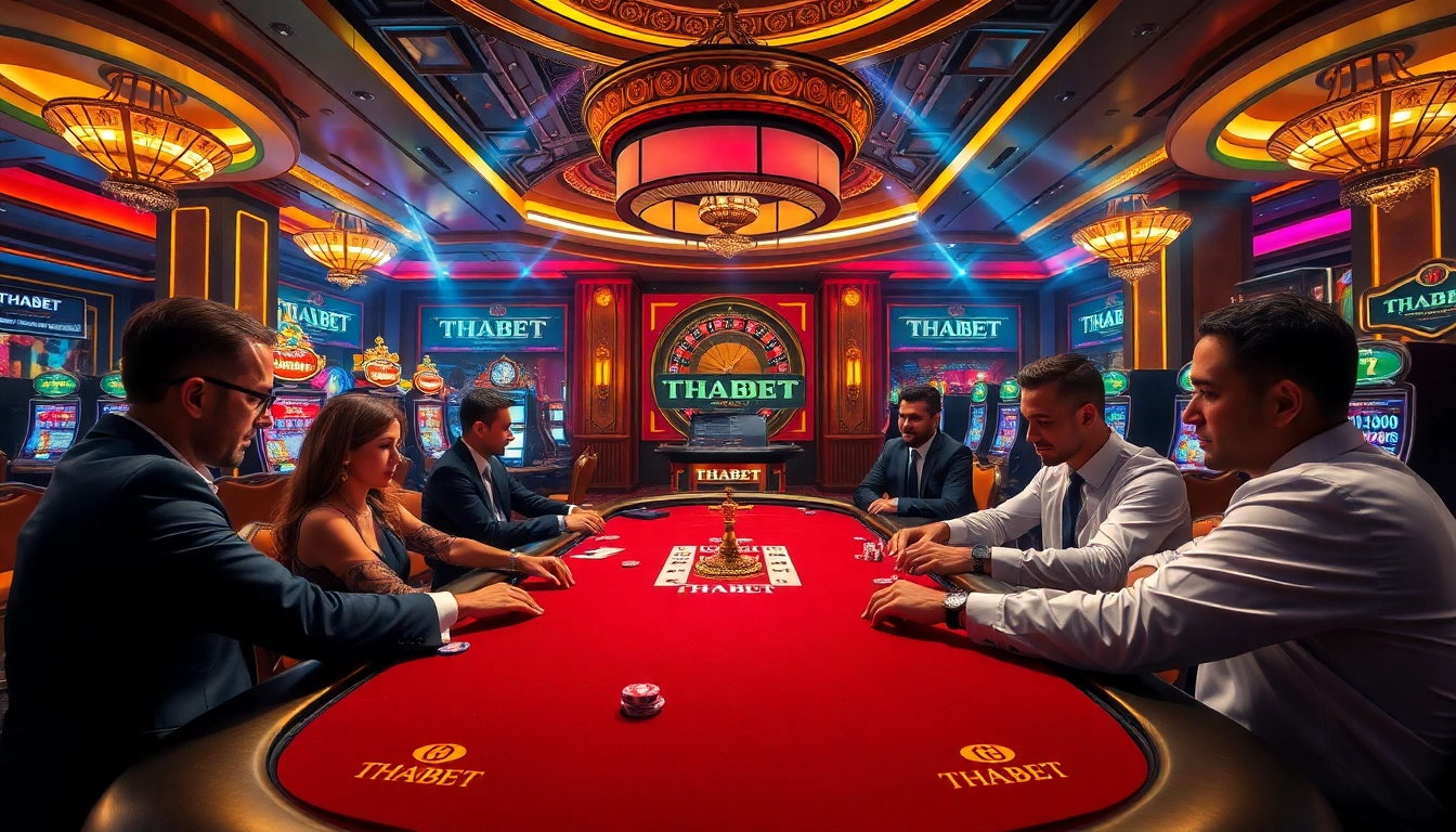 Players enjoy high-stakes thrill at THABET casino tables, featuring vibrant poker chips and luxury gaming atmosphere.