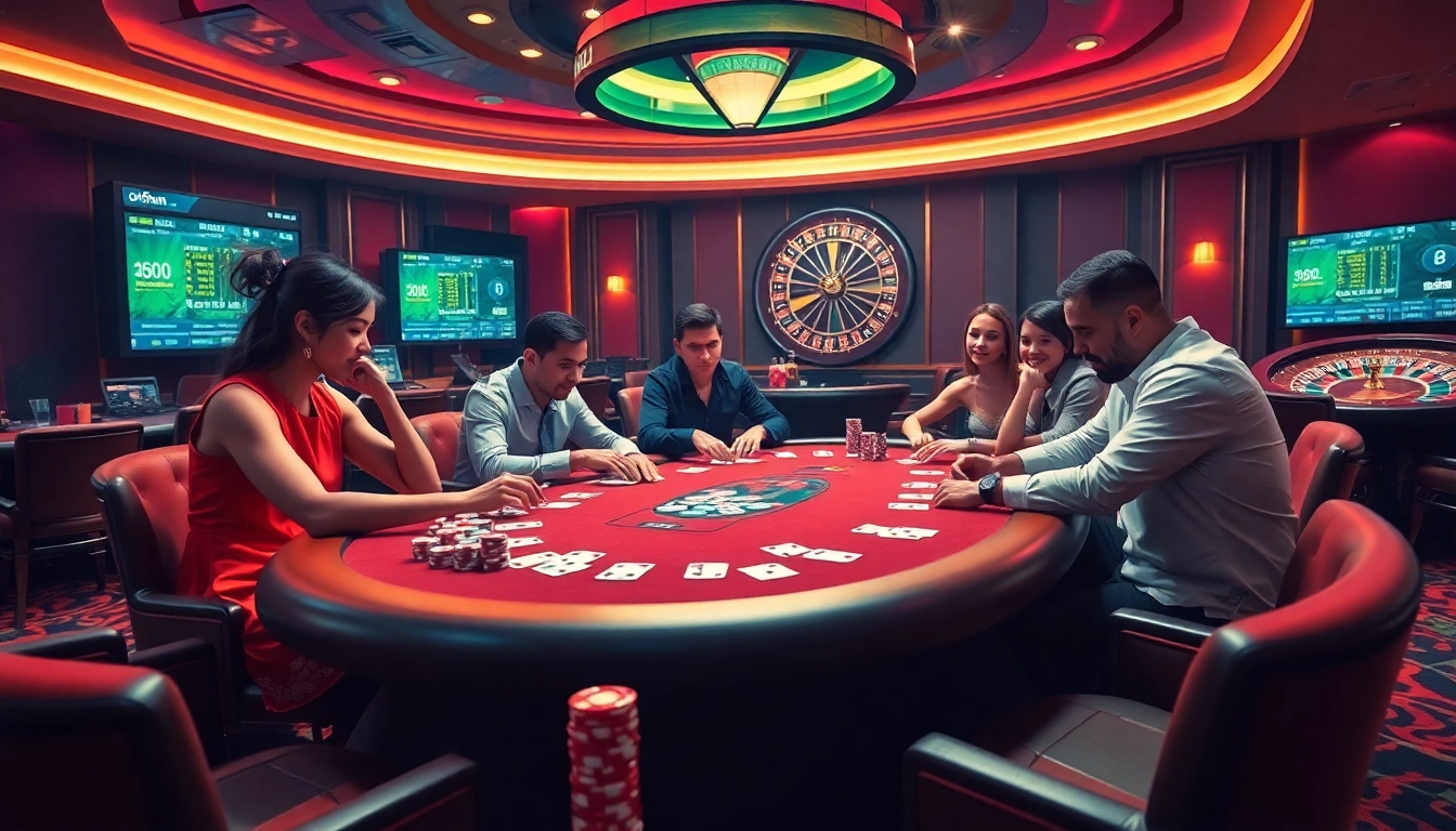 Players engaging in high-stakes poker at a luxurious Okfun casino table, showcasing excitement and strategy.
