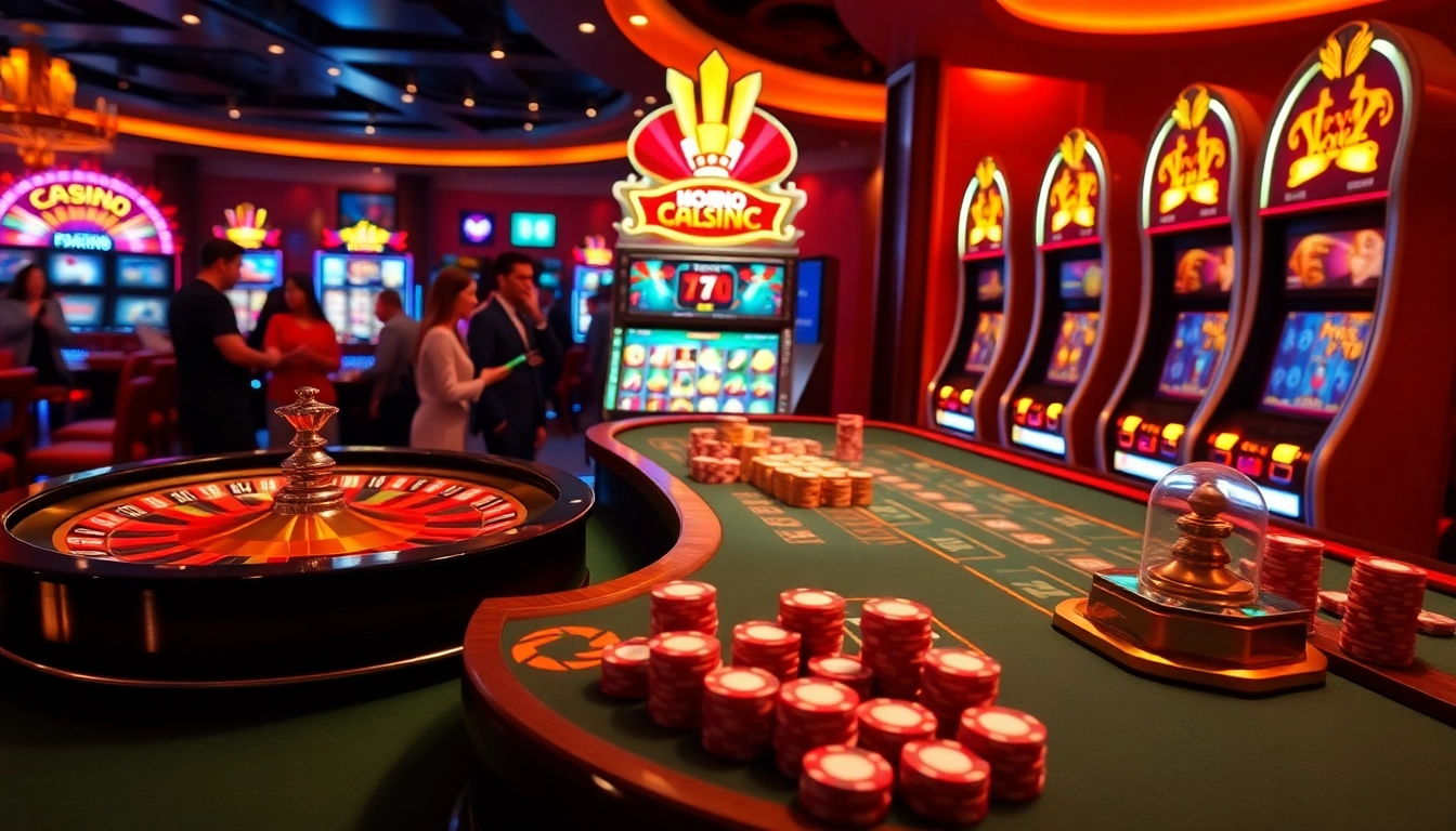 Players enjoying the excitement of gambling at Trang chủ LC88 with vibrant casino elements.