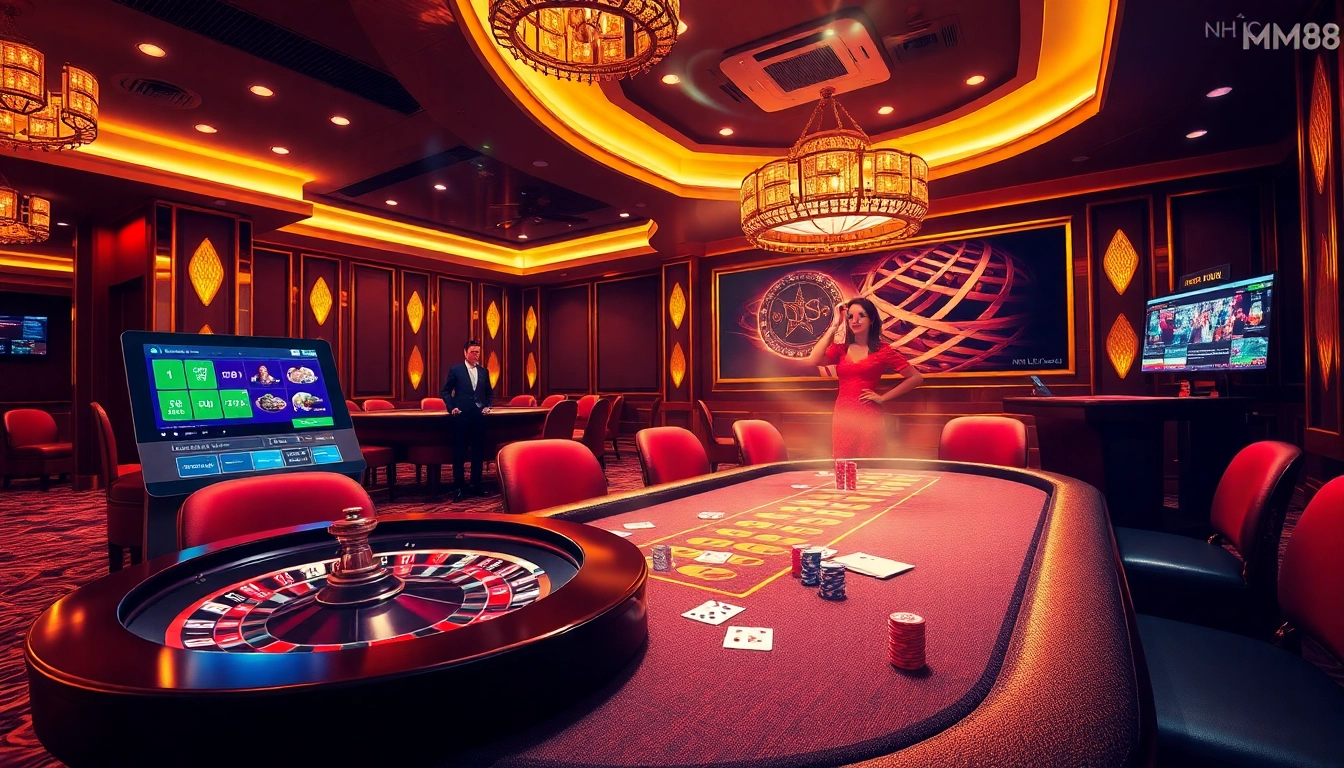 Engage with the dynamic betting scene at NHÀ CÁI MM88 showcasing vibrant poker chips and a roulette wheel.