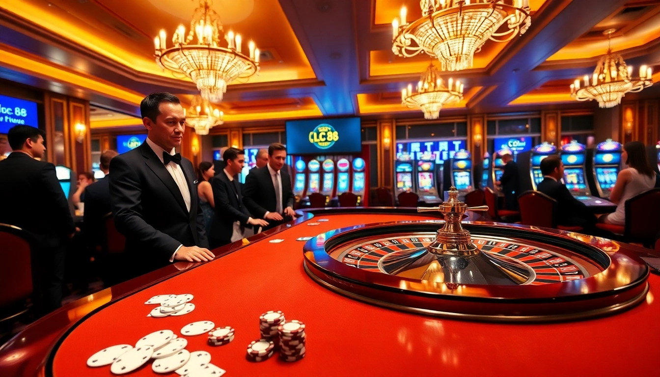 Experience thrilling gameplay at LC 88 with a professional dealer at an elegant casino table.