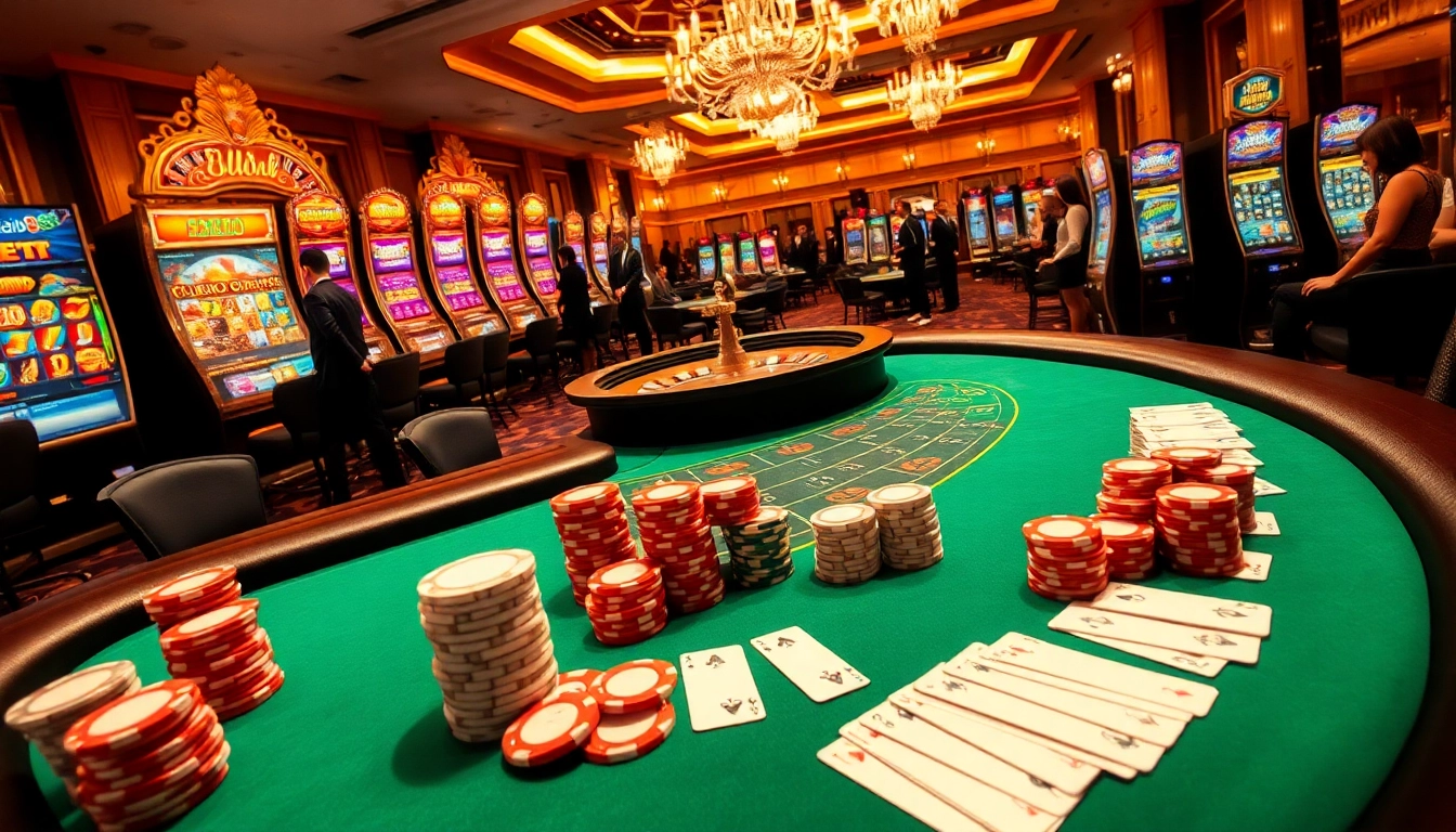 Hello88 casino scene featuring poker tables, roulette, and vibrant gaming atmosphere.