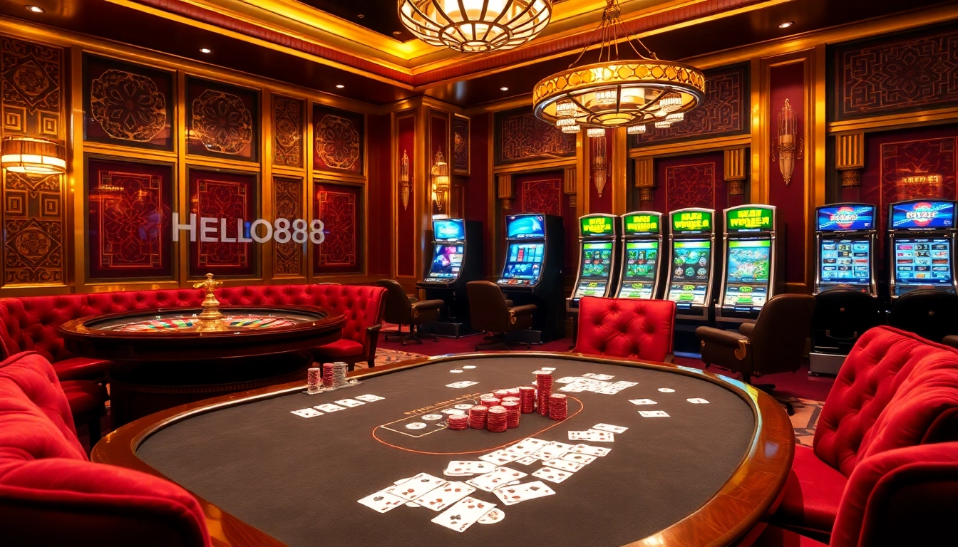 Experience thrilling gameplay at Hello88’s upscale casino, featuring poker tables and roulette wheels.