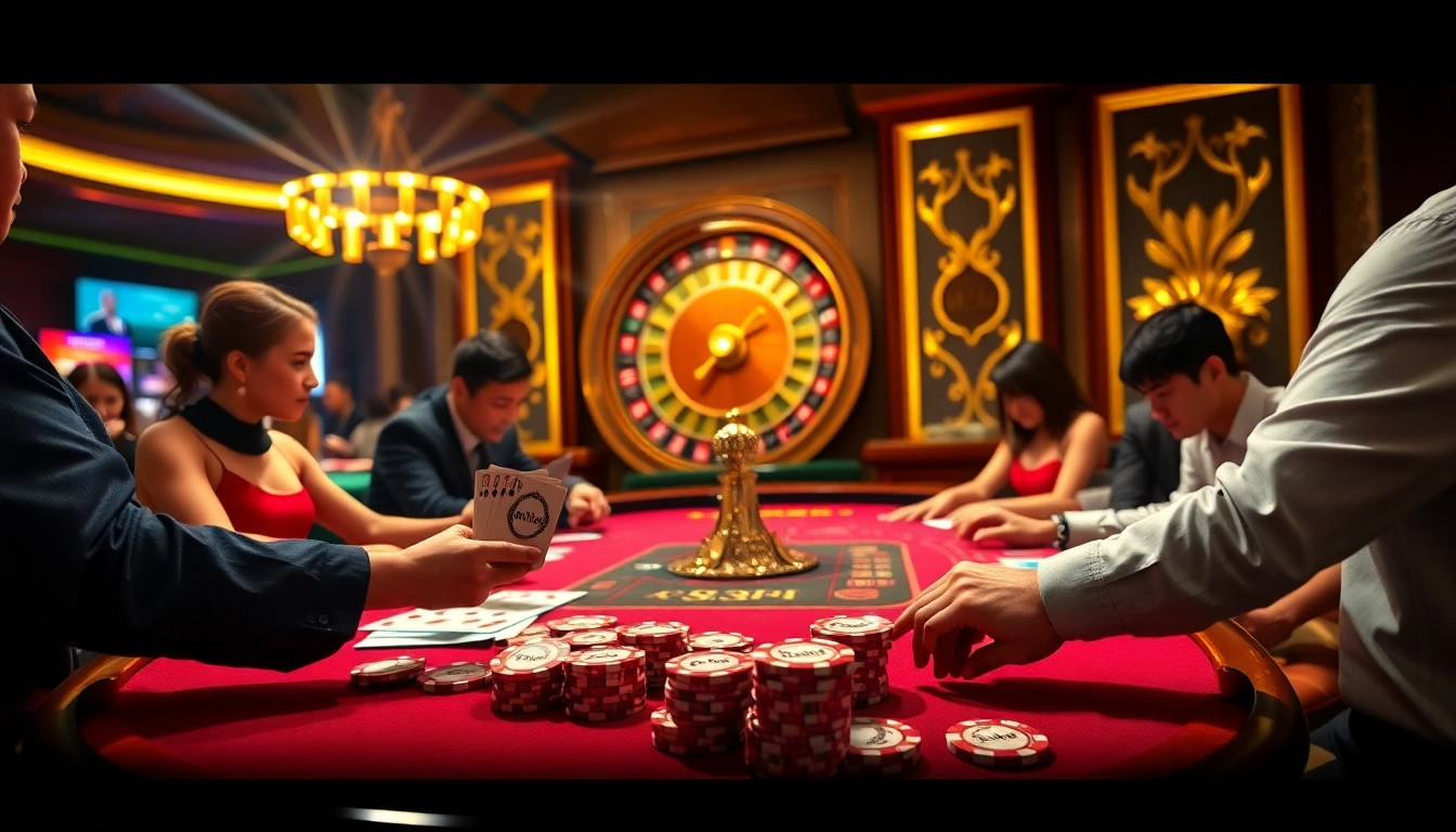 Excited gamblers placing bets at the luxurious Hello88 casino table with chips and cards.