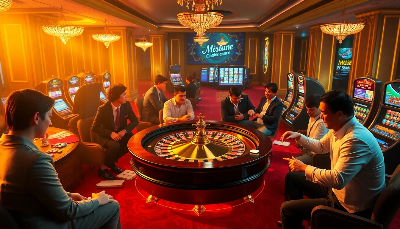 MM88 players engaging in an exciting game at a luxurious casino table with roulette wheel.