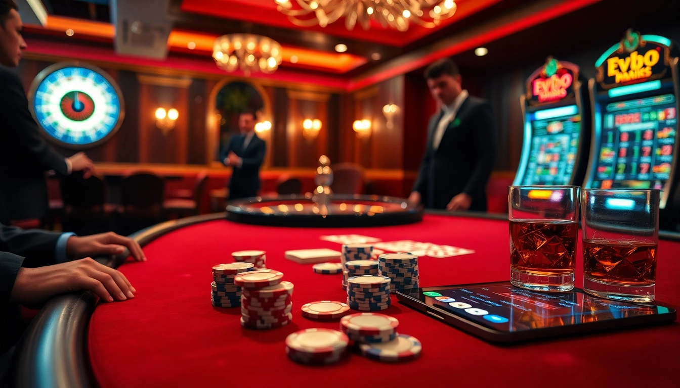 Experience the thrill of Ev88 at a luxurious casino table with cards and chips.