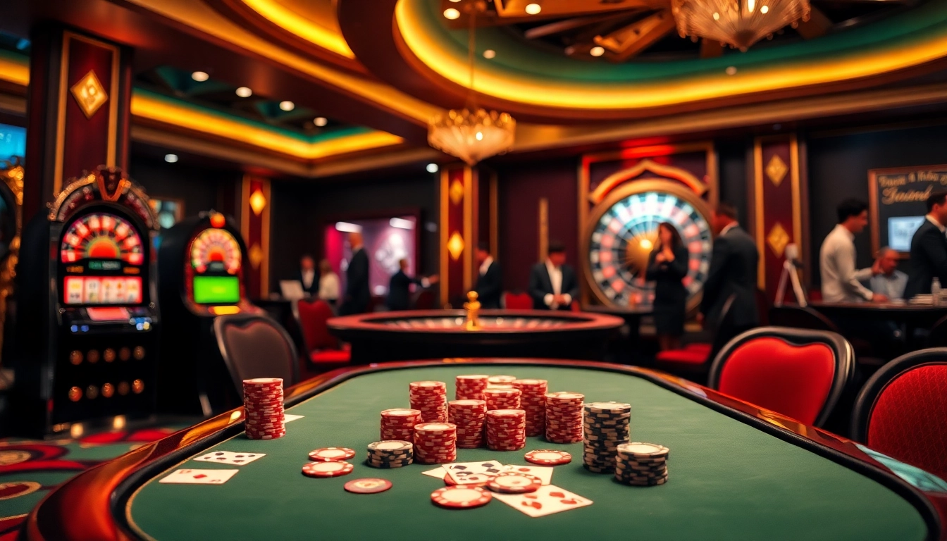 Players enjoying a thrilling poker game at the Hit club casino, featuring stacks of chips and vibrant atmosphere.