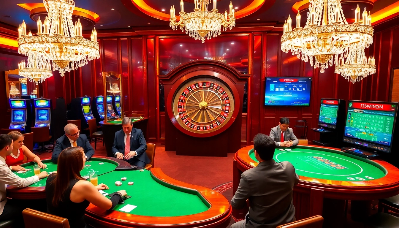 Players enjoying casino games at 789win, showcasing poker tables and vibrant roulette wheels.