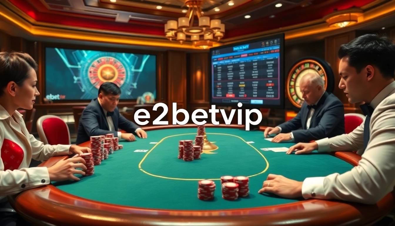Experience high-stakes gambling at e2betvip's luxurious poker table with chips and cards.