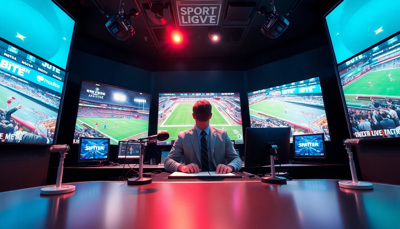 Active sports broadcasting scene featuring a host delivering live commentary amidst vibrant visuals.