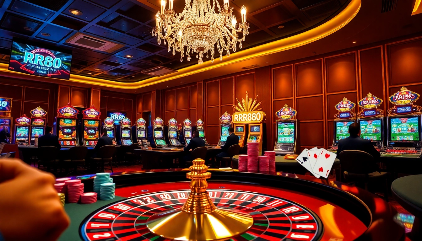 Exciting casino scene with players at RR88 roulette table, showcasing vibrant gaming atmosphere.