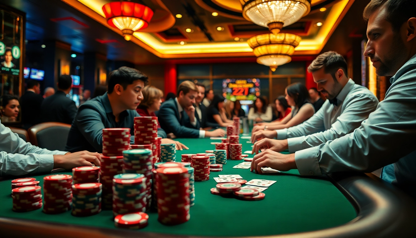 This image showcases an exciting poker table scene at https://go88.fast/ with professional players and colorful chips, emphasizing high-stakes gambling.