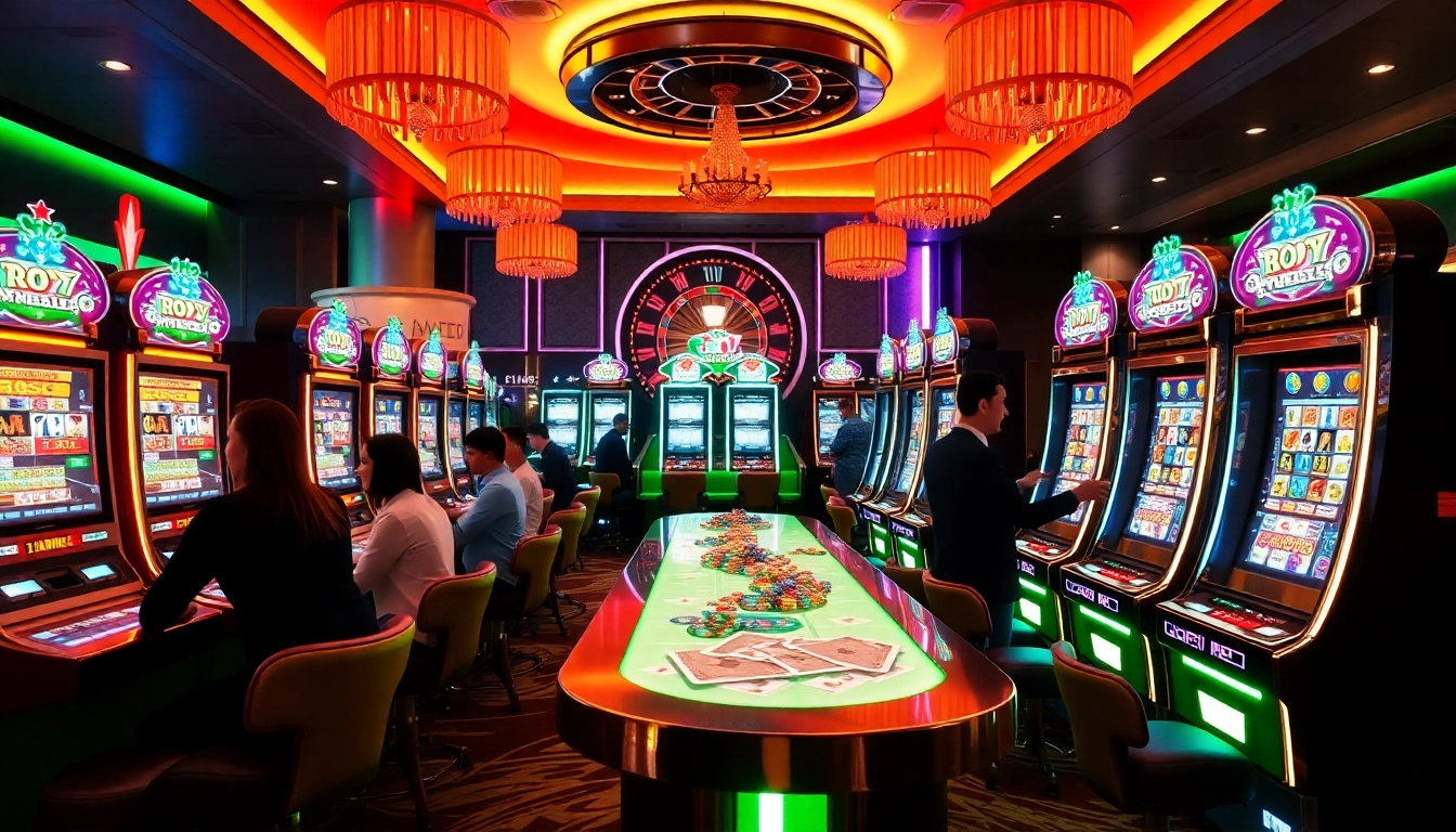 Engaging with slot machines at QQMacan, featuring a vibrant casino atmosphere and lively players.