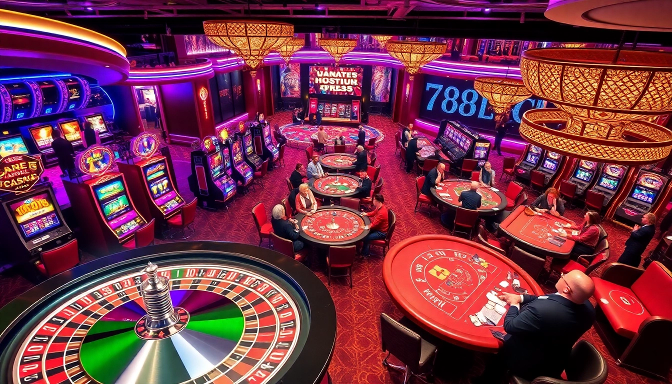 A vibrant 789club gaming scene showcasing slot machines and poker tables filled with players in an elegant casino atmosphere.