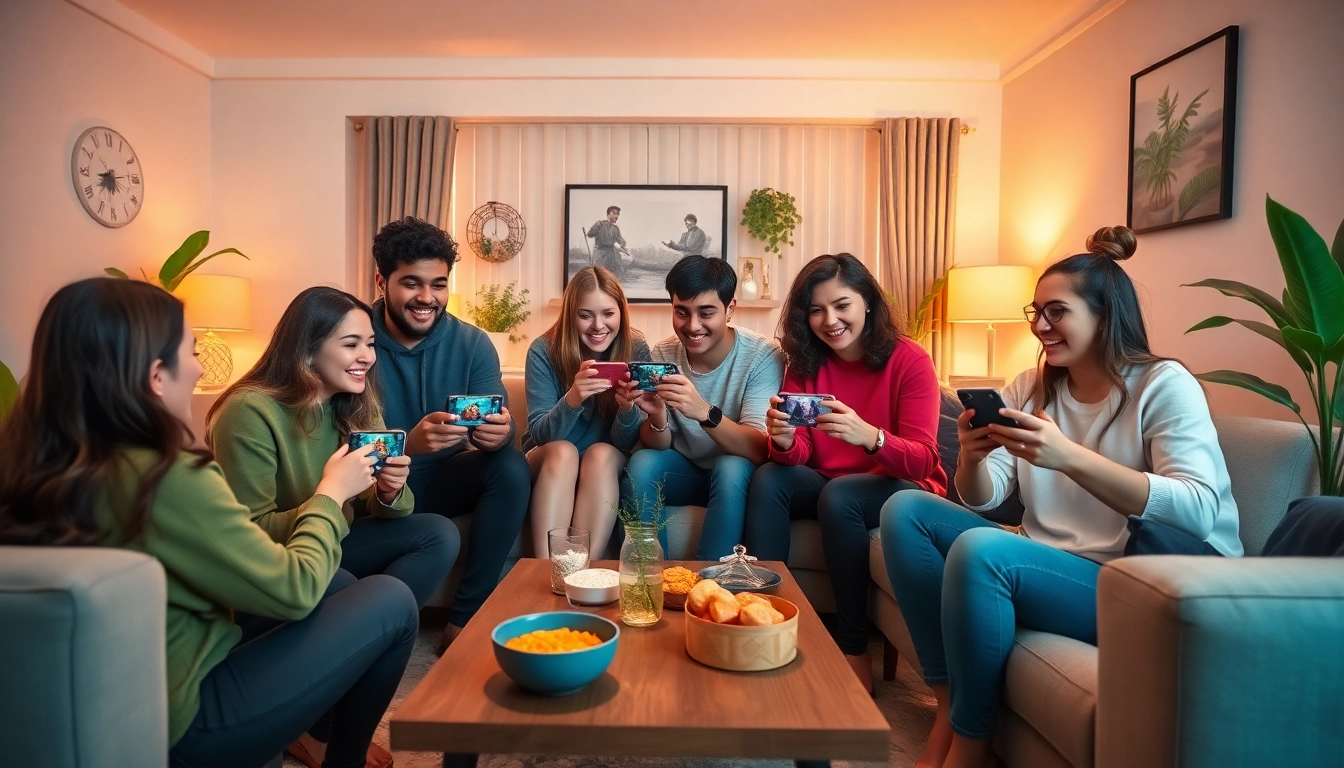 Friends enjoying Yono games on smartphones in a cozy living room.