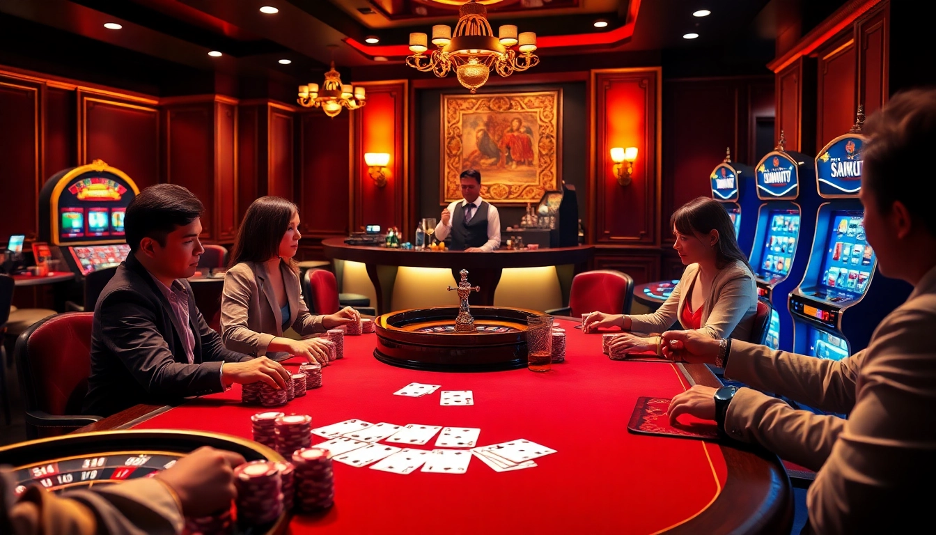 A thrilling casino scene featuring players at a poker table, inspired by https://kk55.group's gambling allure.