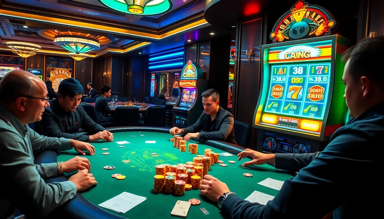 Players engage at a dynamic poker table inside king88 trang chính casino, showcasing thrilling gambling action.