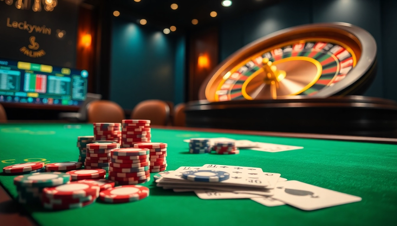 Experience thrilling gameplay at luckywin with stunning casino visuals featuring poker chips and roulette.