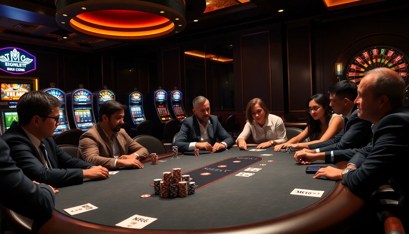 Players enjoying a thrilling game at MB66 casino, surrounded by poker chips and vibrant slot machines.