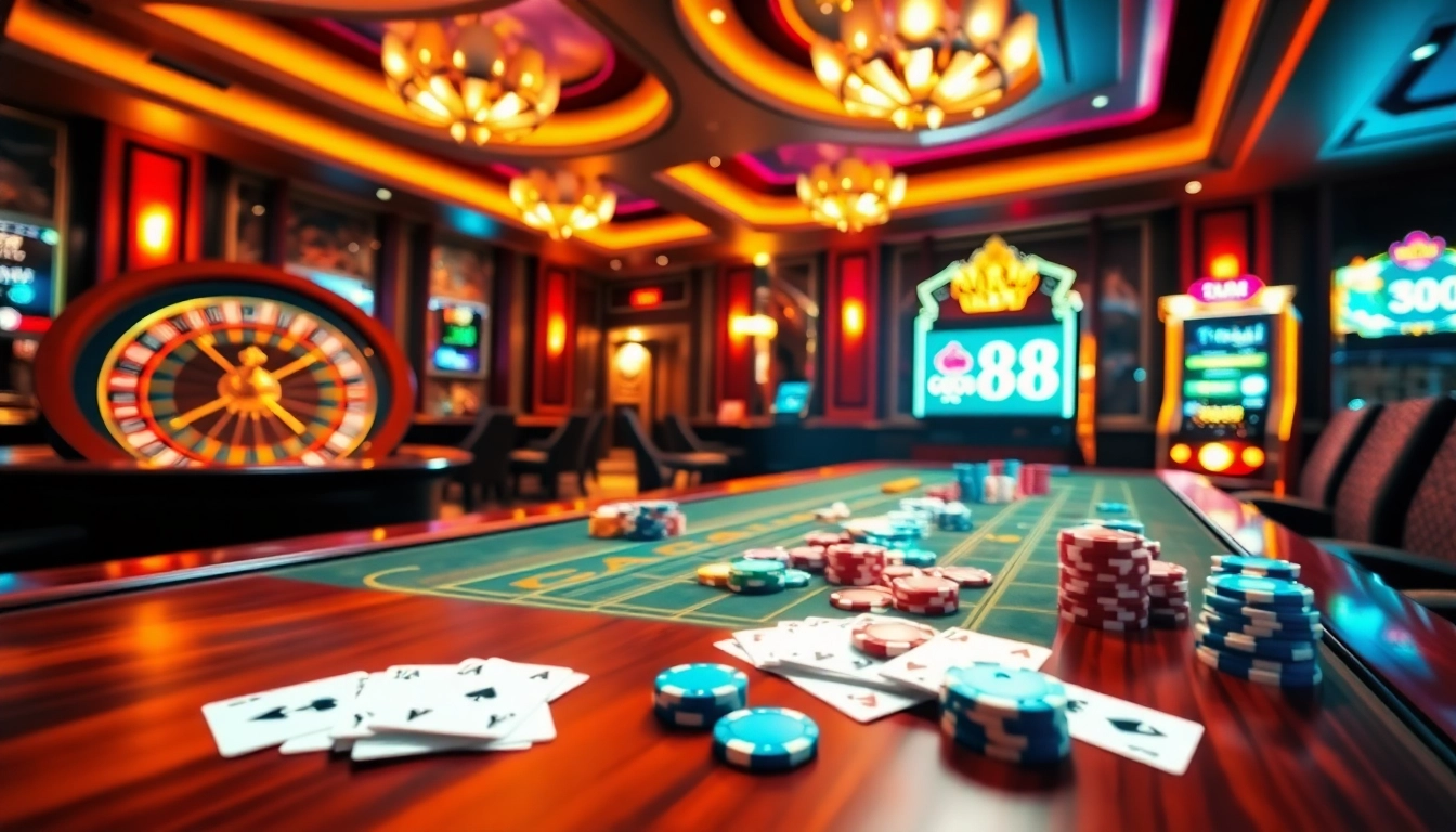 Engaging casino scene highlighting go88 cổng game uy tín with roulette, poker, and vibrant chips.