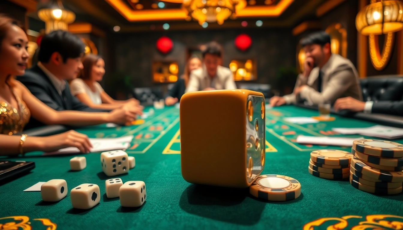 Place bets and roll dice in Tài Xỉu MD5 at a luxurious casino table setting.