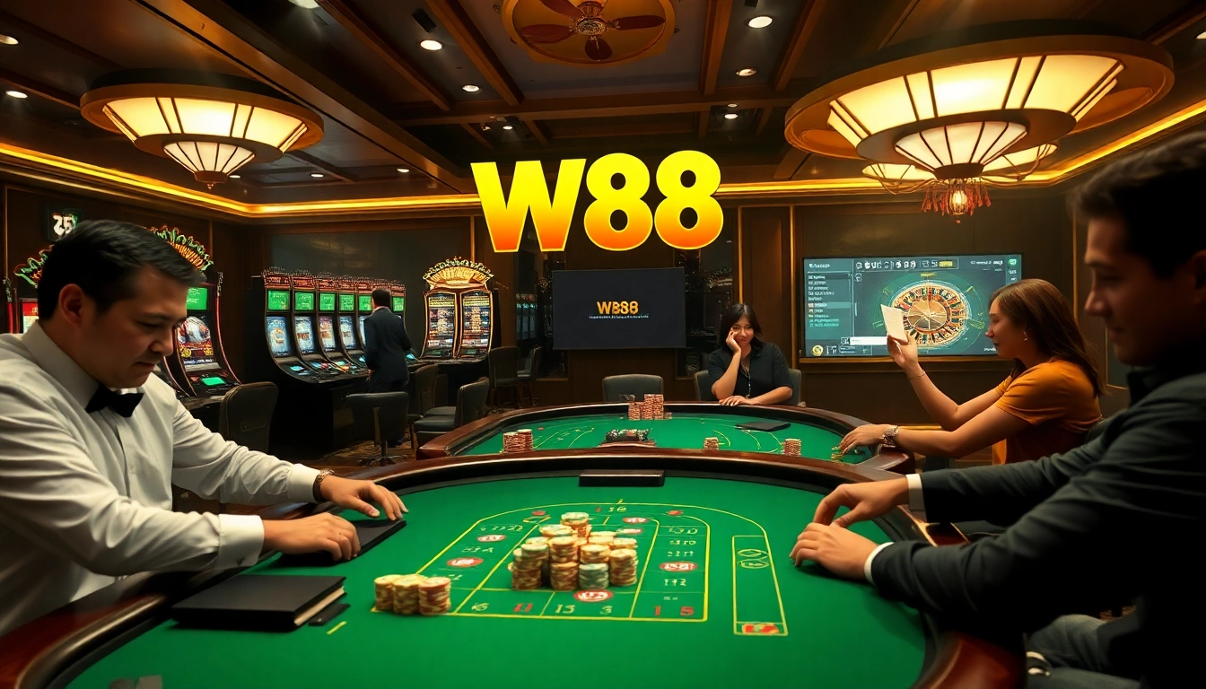 Players engaged in an exciting poker game at W88, showcasing luxury and high-stakes gambling.