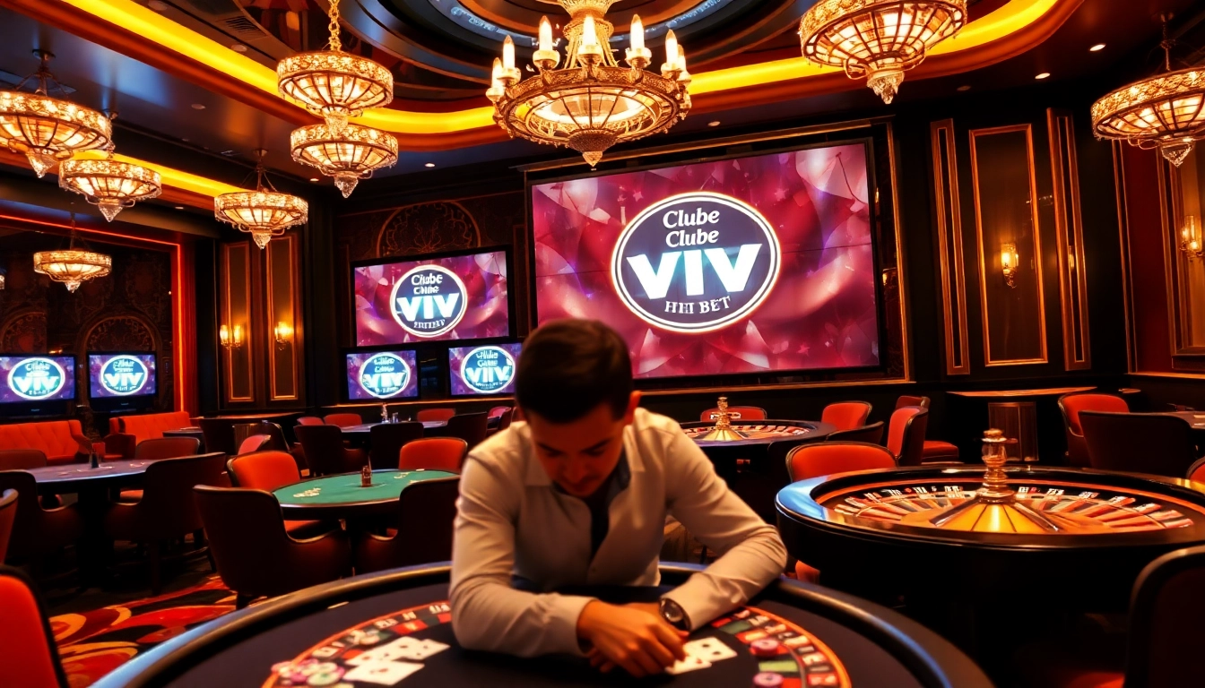 Experience the thrill of Clube VIP HHBET with exclusive roulette and poker tables in a luxurious casino setting.