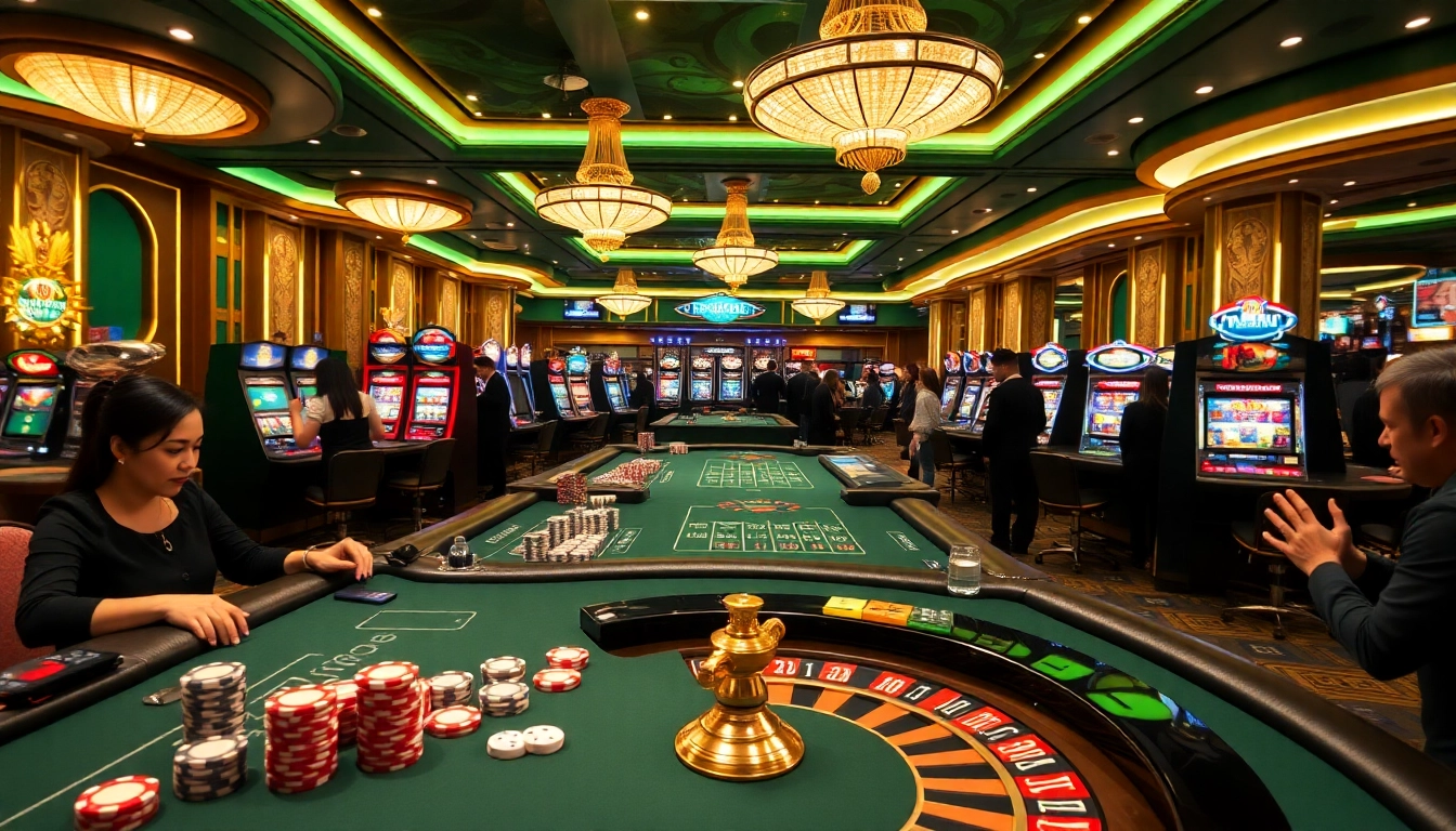 Excited players enjoying a vibrant gaming experience at S8 casino with poker tables and slot machines.