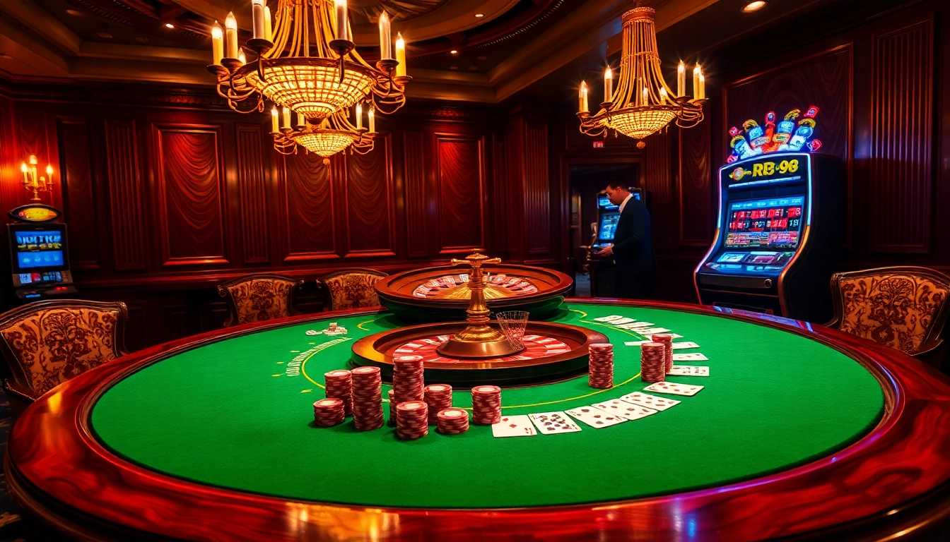 Experience high-stakes poker excitement at RR88 with luxurious chips and cards on a polished table.