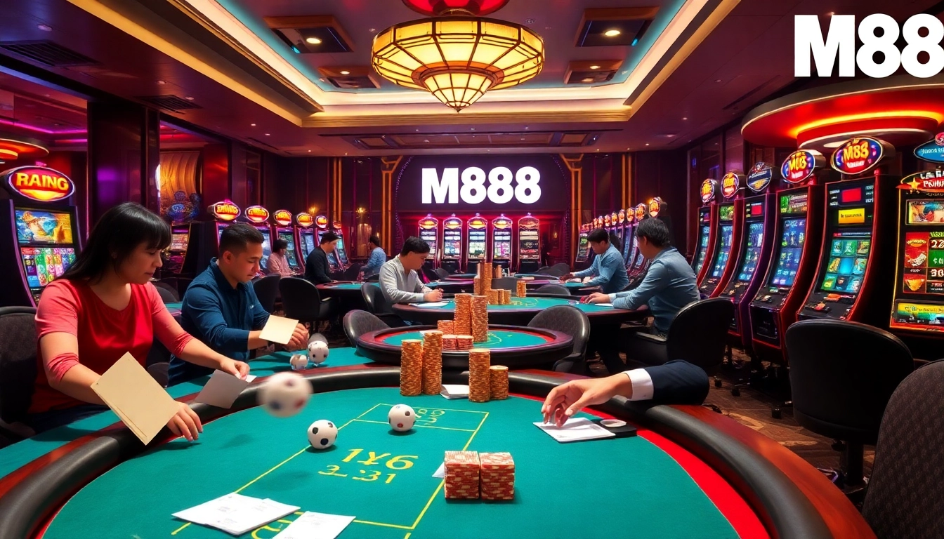 M88 betting scene with players at poker tables and vibrant slot machines, capturing excitement and luxury.