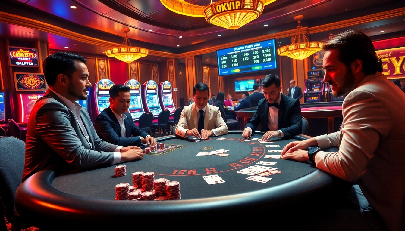 Engaging poker game at a casino with okvip f168 betting odds displayed, showcasing excitement and strategy.