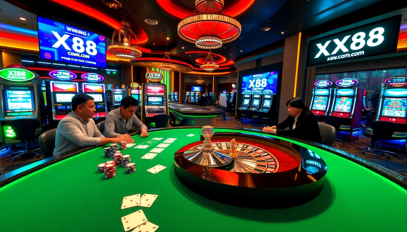 Exciting poker game at X88.com casino with colorful chips and vibrant atmosphere.