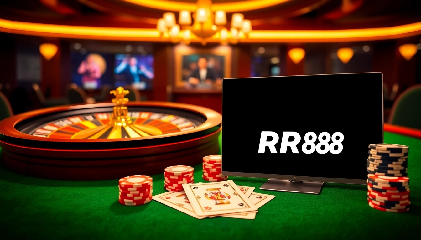 Engaging scene featuring RR88 casino elements with roulette and poker chips.