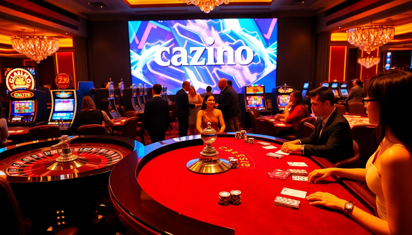 Cazino casino review showcasing a luxurious casino scene with roulette and slot machines.