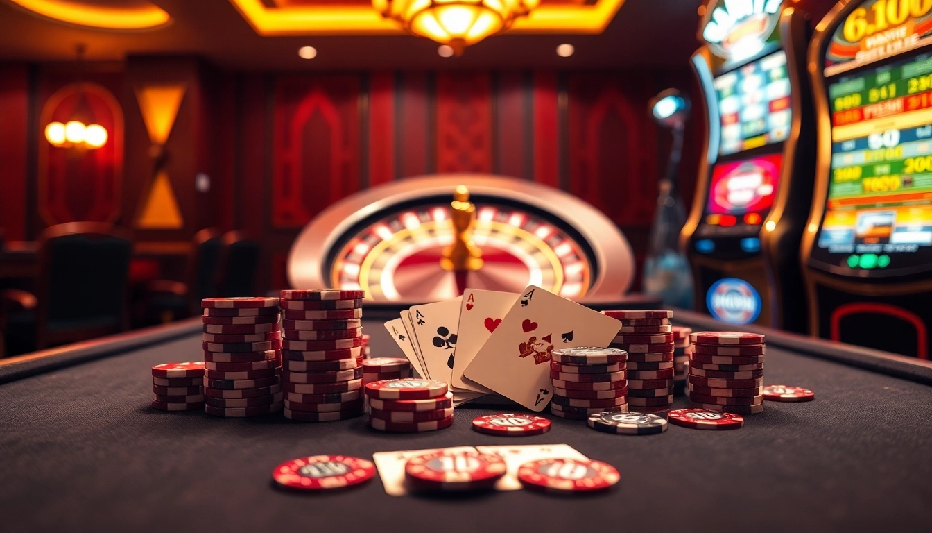 Experience high-stakes gaming at tai hitclub with a luxurious casino scene featuring poker chips and roulette.