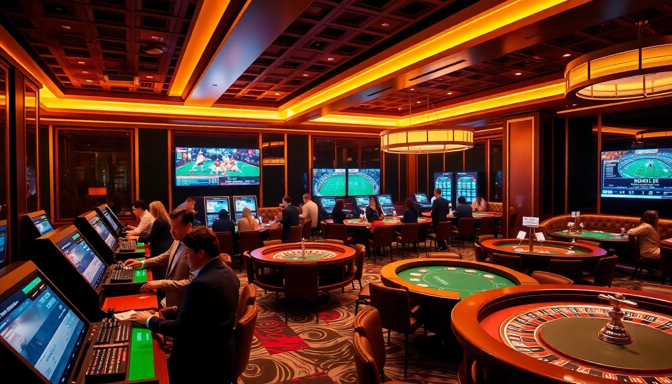 Betting enthusiasts placing wagers on SBOBet in a lively casino atmosphere.