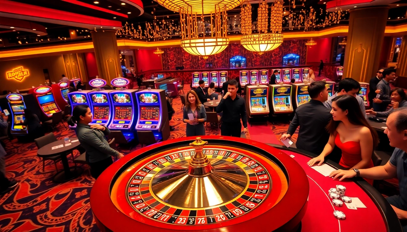 Homepage luxury casino scene featuring roulette, slots, and engaged gamblers.